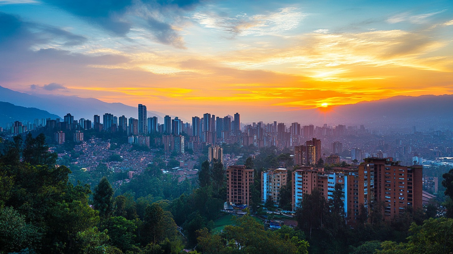 A panoramic view of Medellín, Colombia, at sunset, showing high-rise buildings, green hills, and the Andes Mountains in the background