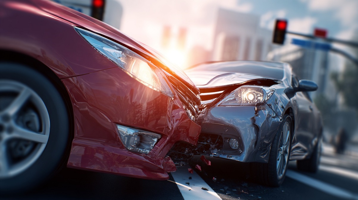 Two cars in a head-on collision at an intersection with visible front-end damage