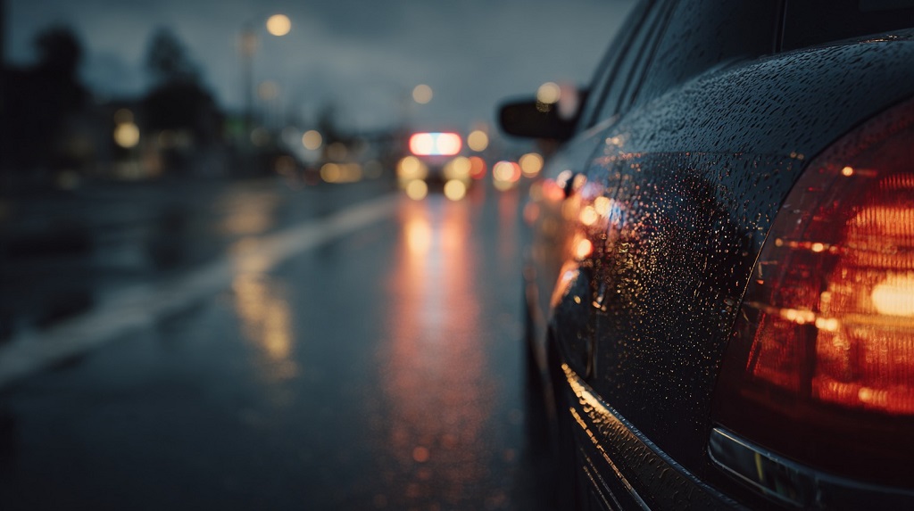 Car on a wet road at night with blurred police lights in the background