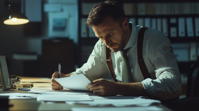 A Man Carefully Reviewing Paperwork, Possibly Filing an Insurance Claim