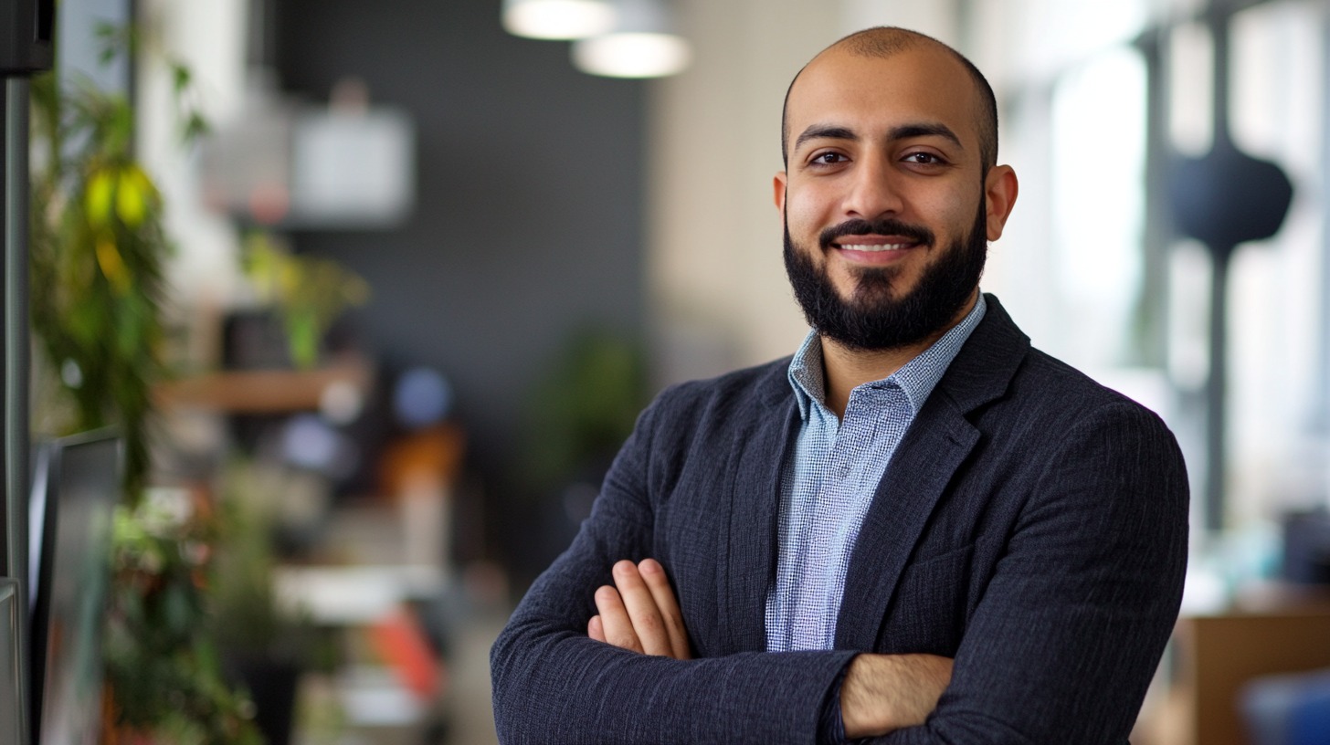 A confident businessman with a beard, smiling in a modern office setting