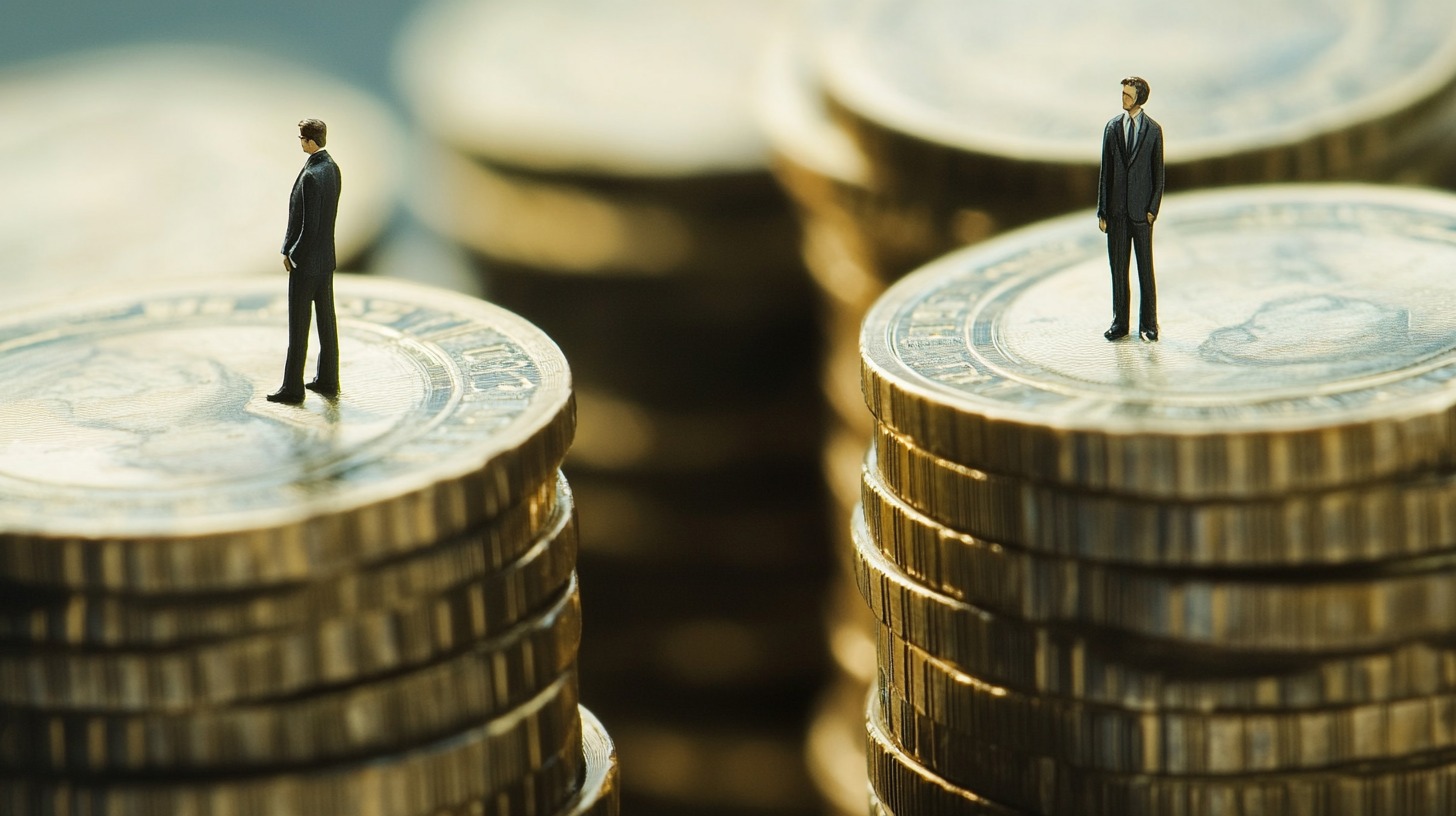 Miniature figurines of businessmen standing on stacks of coins at different heights, illustrating economic disparity