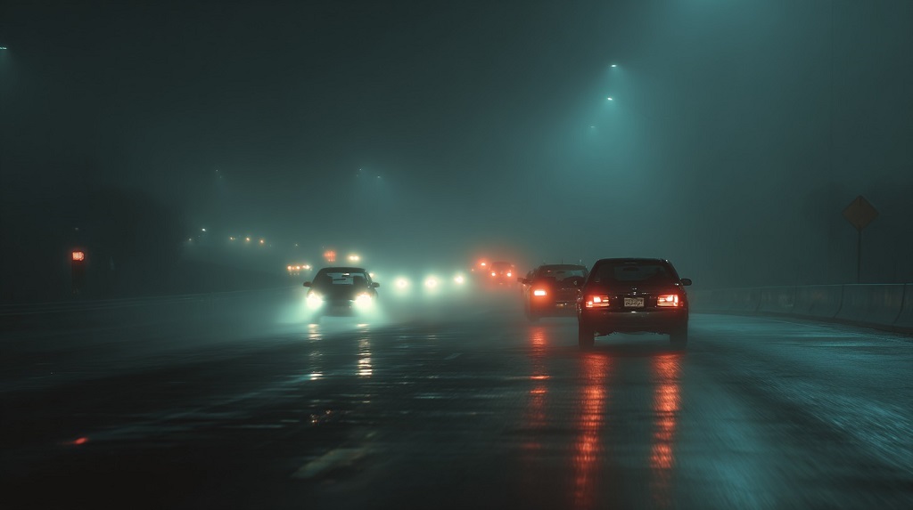 Cars driving at night on a wet highway with low visibility and headlights reflecting on the road