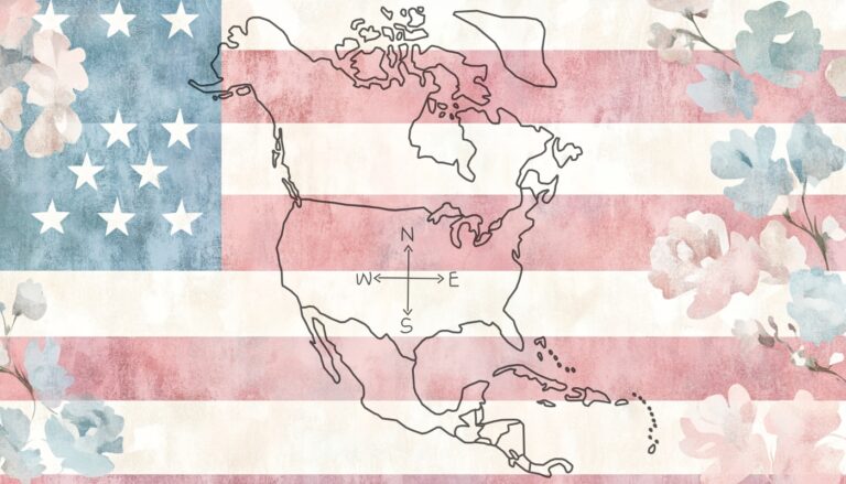 A stylized map of North America with a compass rose, overlaid on a faded American flag with floral decorations