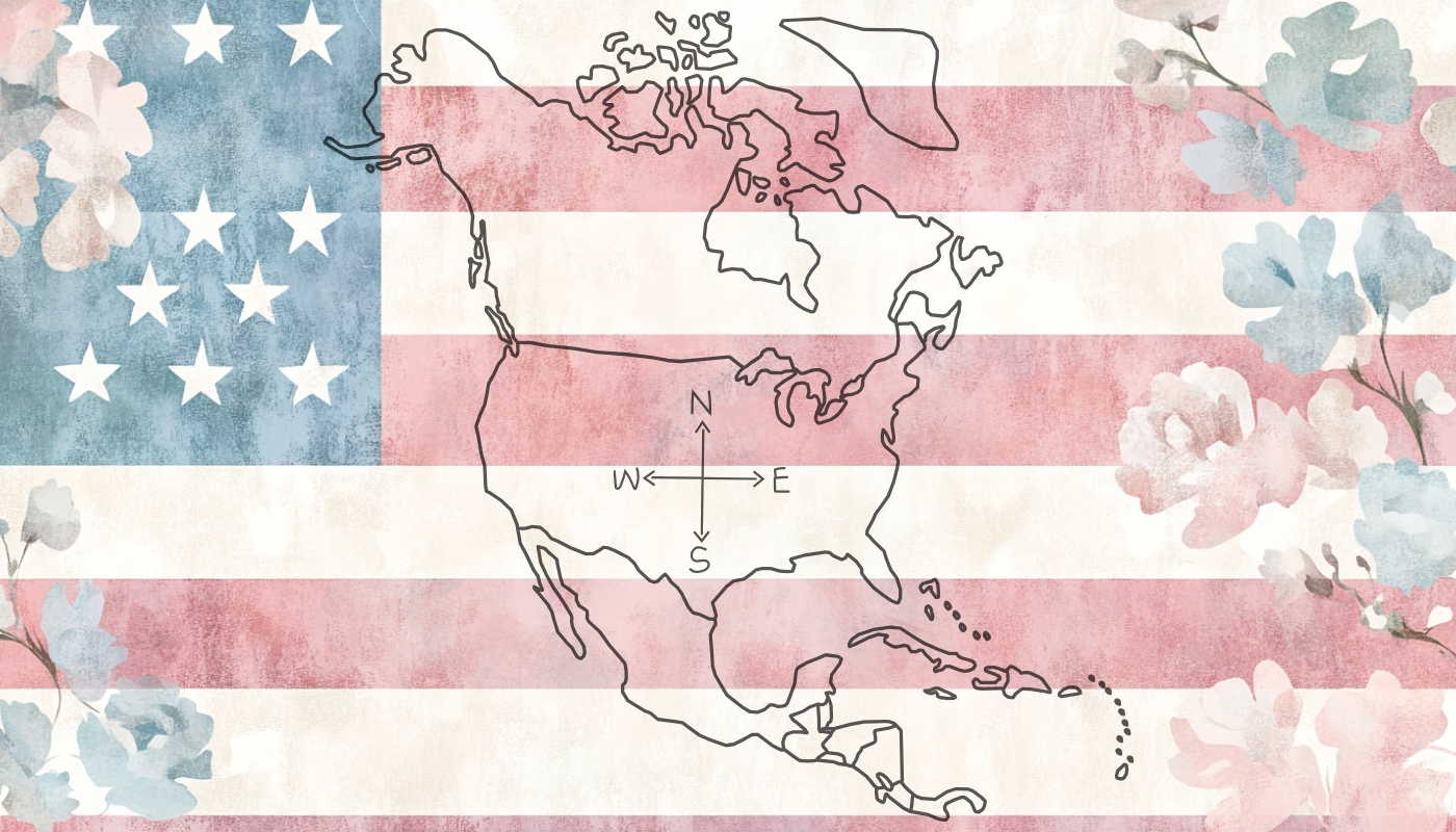 A stylized map of North America with a compass rose, overlaid on a faded American flag with floral decorations
