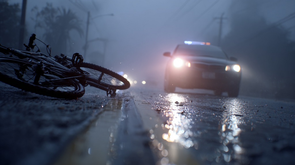 Fallen bicycle on a wet road at night with a police car approaching in the background
