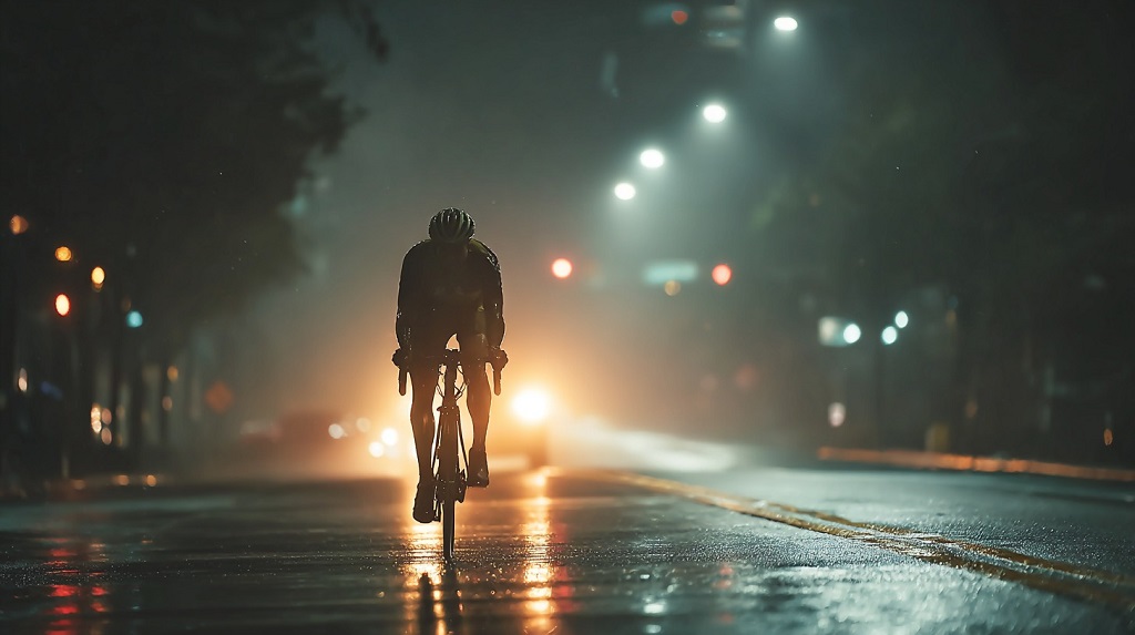 Cyclist riding alone at night on a wet city street illuminated by car headlights