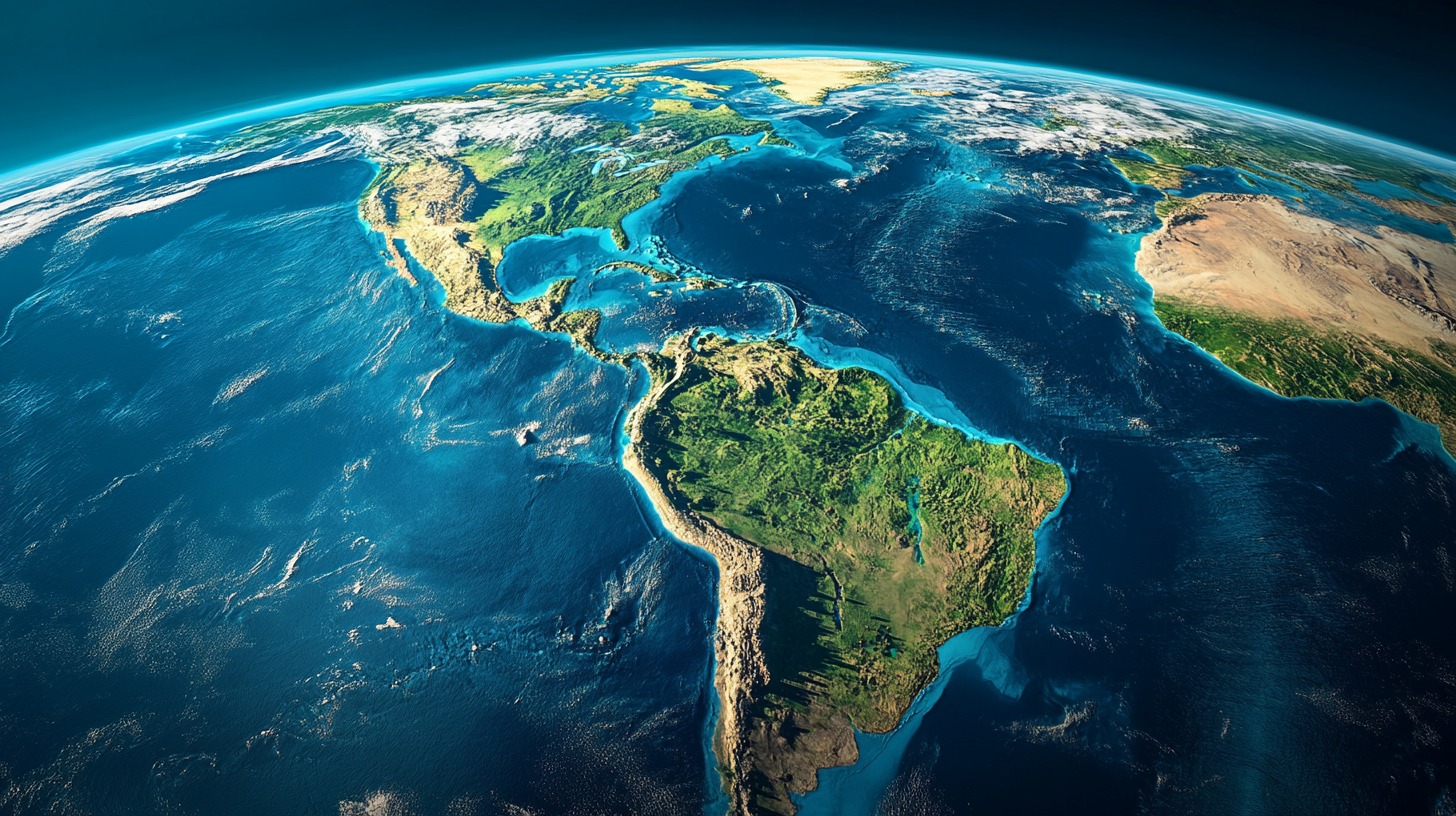 A high-resolution satellite image of North and South America, displaying landforms, oceans, and geographic features