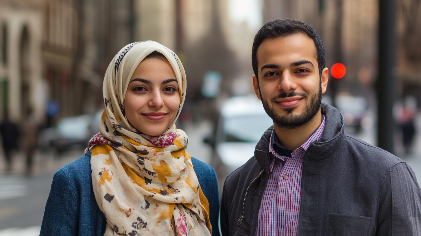 A smiling man and woman standing together on a city street, dressed in stylish winter attire