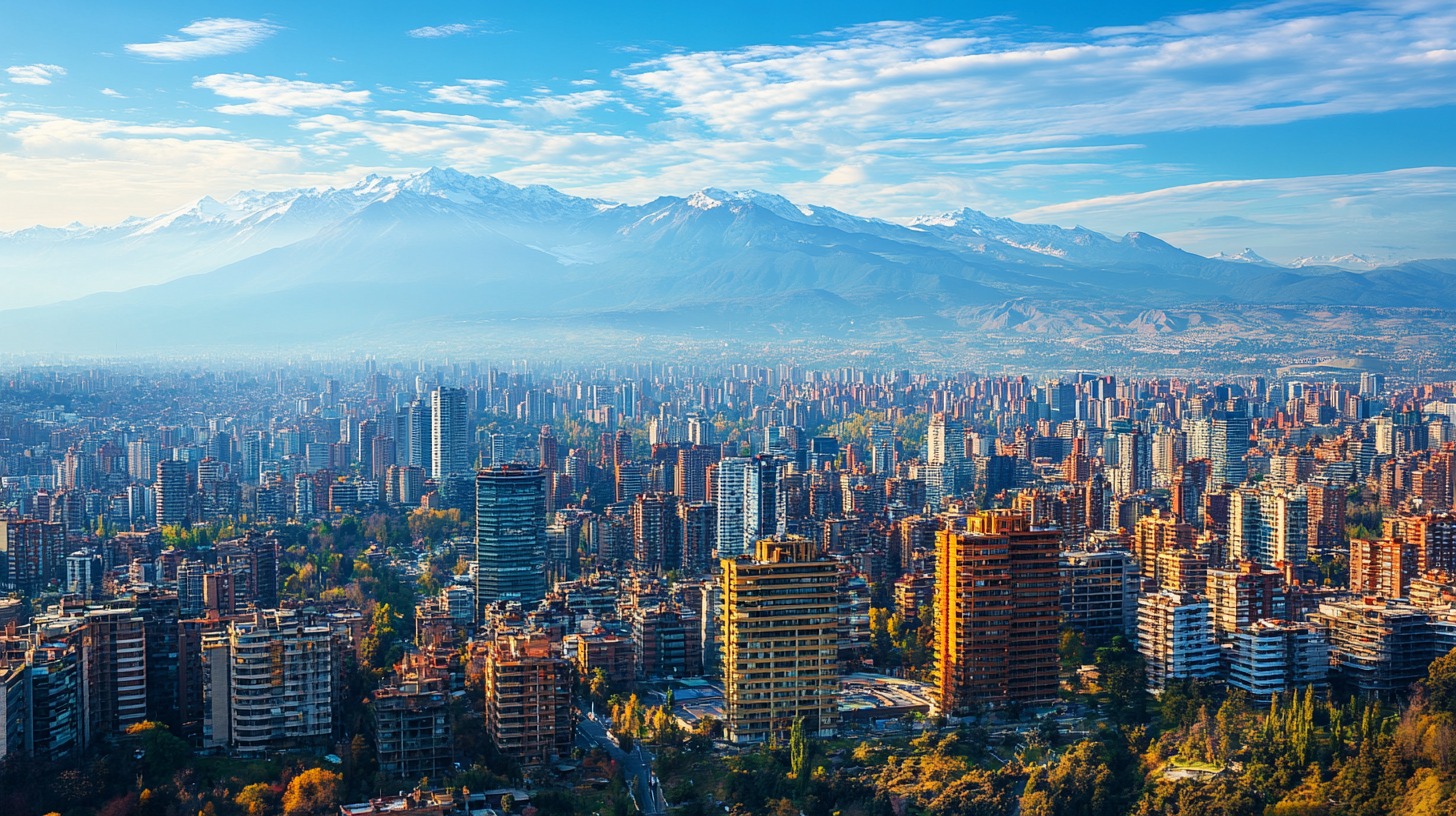 A panoramic view of Santiago, Chile, featuring a dense cityscape with high-rise buildings and the snow-capped Andes Mountains in the background