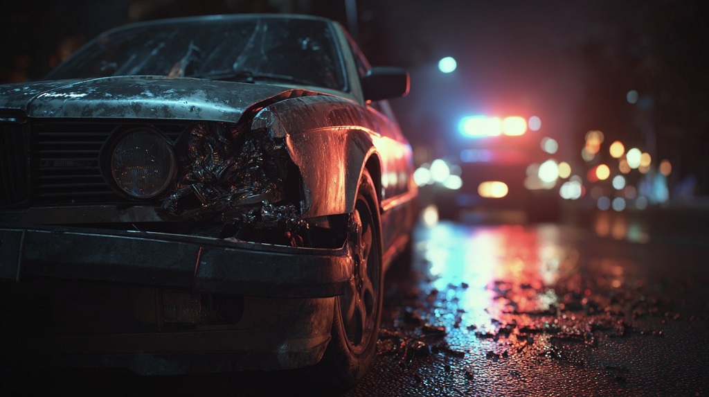 Damaged car after a traffic accident on a wet road, with police vehicles and flashing lights in the background
