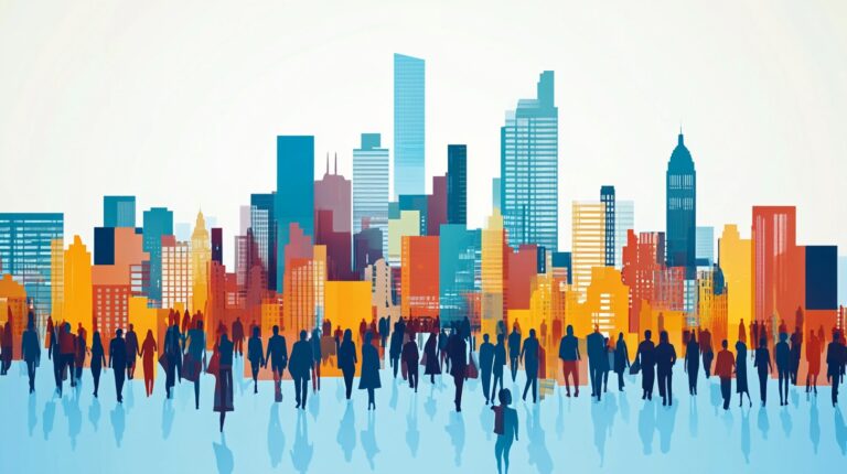 A colorful digital illustration of a city skyline with skyscrapers and a crowd of diverse people walking in the foreground, representing urban growth and population increase