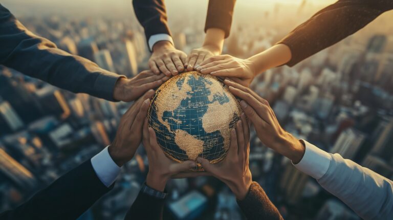 Multiple hands from diverse individuals joining together on a globe, symbolizing global unity and collaboration