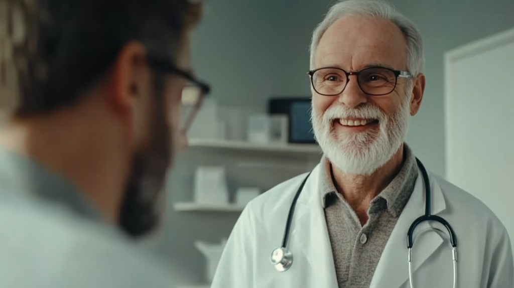 An Older Doctor Smiling and Talking to A Patient in A Medical Office