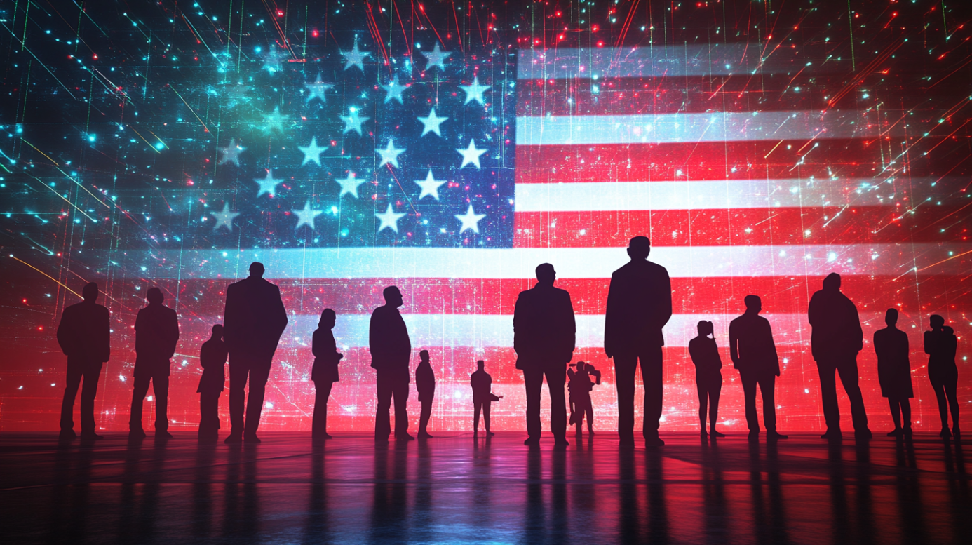 Silhouettes of People Standing in Front of A Digital American Flag, Illustrating the Concept of The Us Population Decline with Zero Immigration