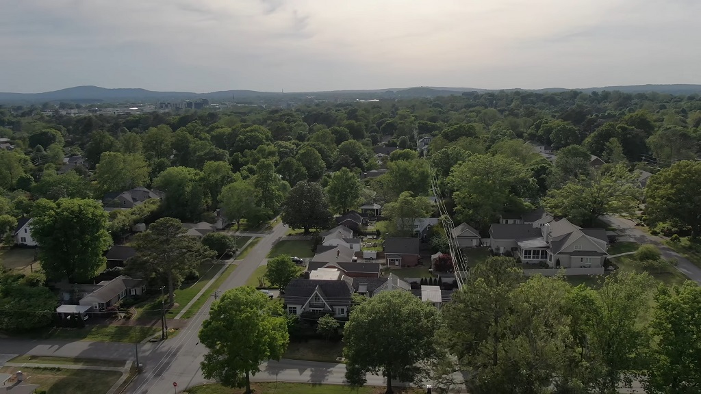 Suburban homes and tree-lined streets in a quiet Alabama neighborhood, seen from above on a partly cloudy afternoon