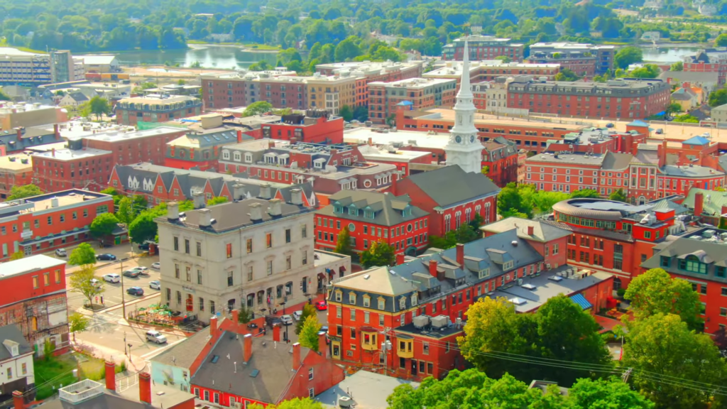 Aerial View of New Hampshire's Downtown, Showcasing Historic Brick Buildings and Green Spaces