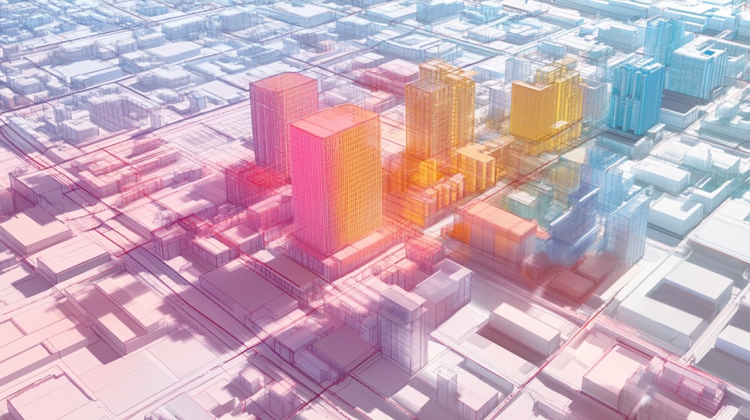 Digital 3D rendering of a city layout with buildings color-coded by zoning types, illustrating how land is divided for different uses
