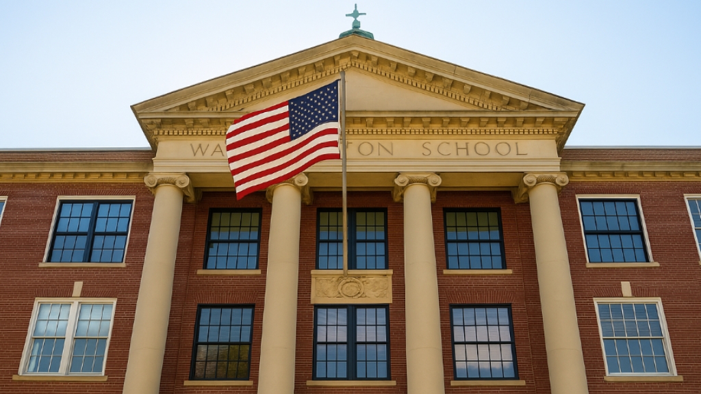 The front view of Washington School, a U.S. High School, with an American flag flying