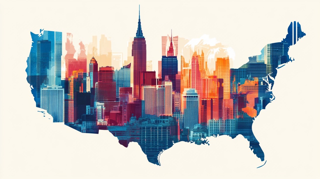 A colorful illustration of the U.S. map filled with skyscrapers and cityscapes representing economic strength by state