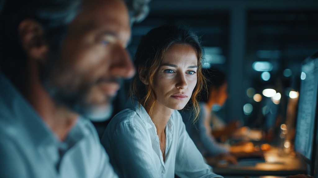 A man and a woman working in the same modern office, symbolizing the gender pay gap in the United States in 2025
