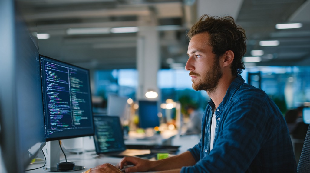 A focused IT professional working on computer code in a modern office environment, representing high-paying technology jobs in the United States in 2025