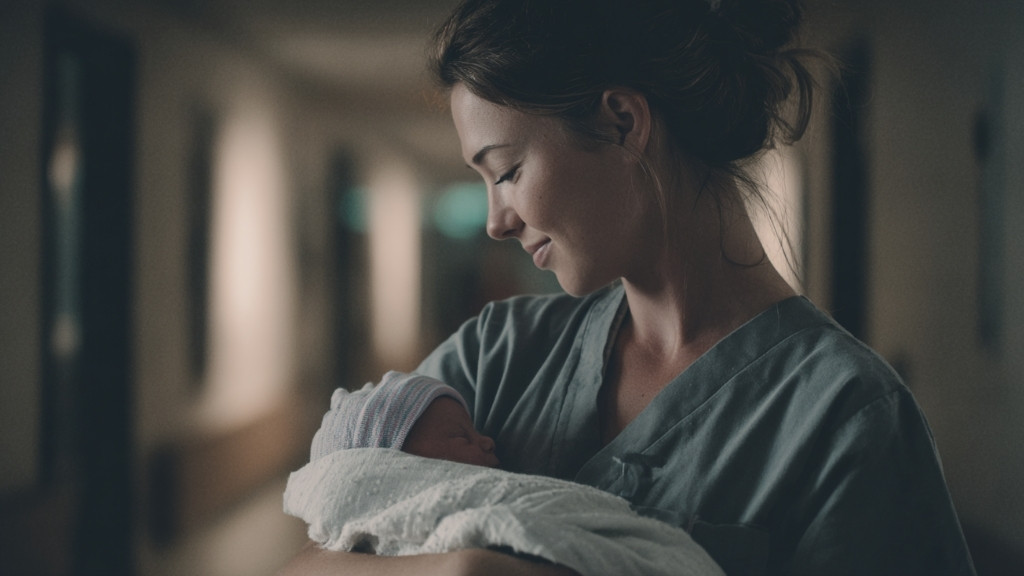 Mother holding newborn baby in hospital hallway