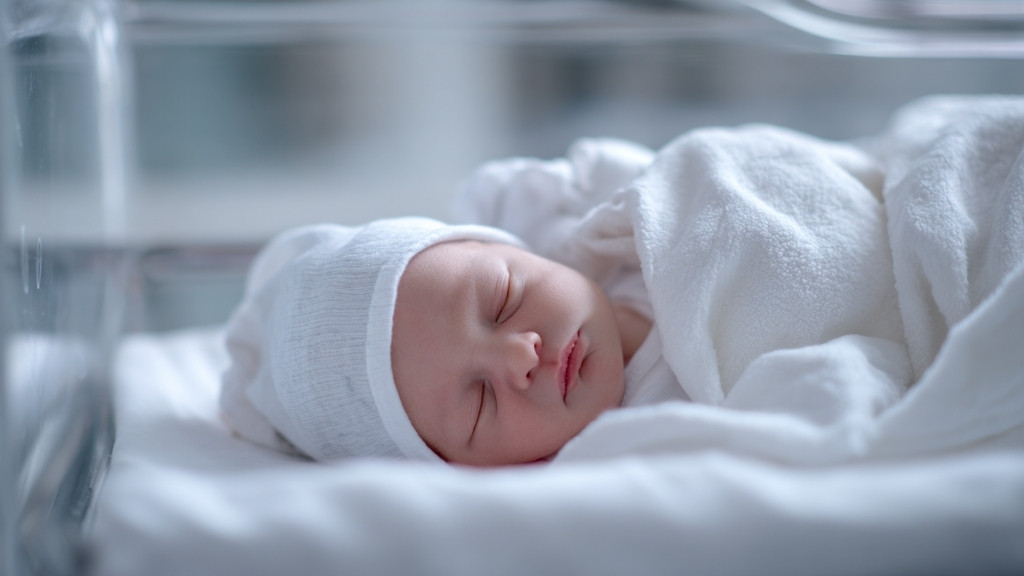 Newborn baby sleeping in hospital bassinet