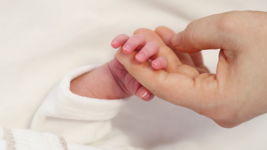 A newborn’s tiny hand gently grips an adult’s finger in a close-up moment of connection