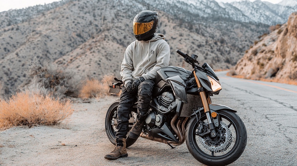 A motorcyclist in a hoodie and full-face helmet sits on a sport bike parked on a mountain road, with rugged hills in the background