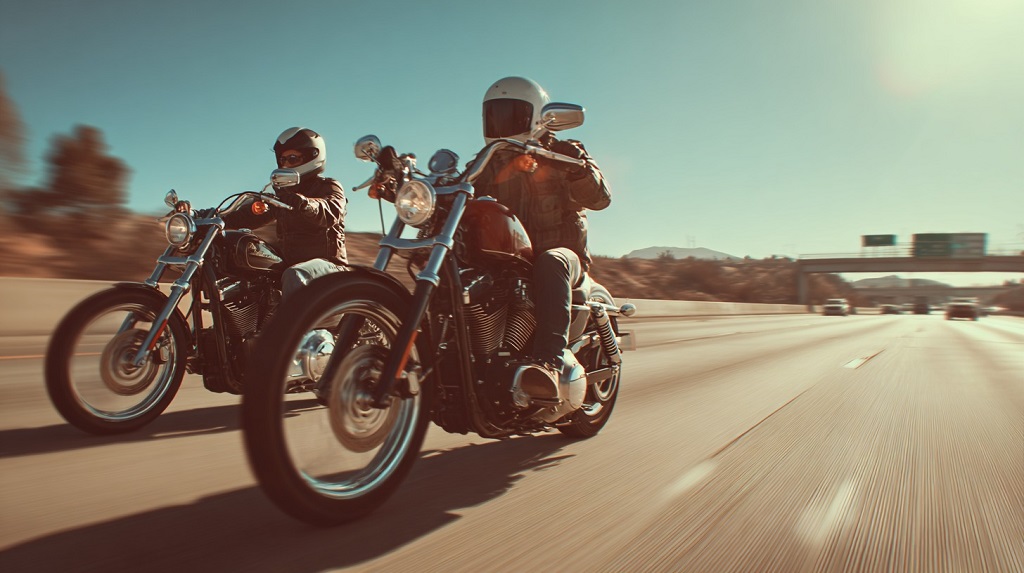 Two motorcyclists wearing helmets ride side by side on a highway under clear skies, captured in motion