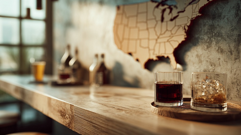 Glasses of alcohol on a wooden bar table with a blurred map of the United States in the background, symbolizing state-by-state differences in drinking levels