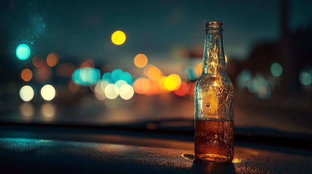 A half-empty beer bottle on a car dashboard at night with blurred city lights in the background, symbolizing the dangers of drinking and driving