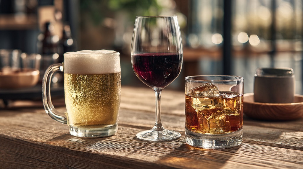 Three alcoholic drinks on a wooden table, a frothy beer mug, a glass of red wine, and a whiskey glass with ice โ representing state preferences for beer, wine, and spirits in 2025
