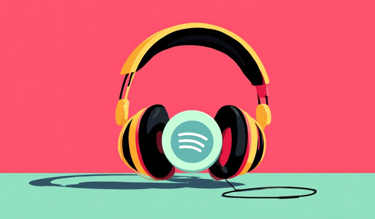 Illustration of colorful headphones with the Spotify logo in the center, set against a vibrant pink and teal background