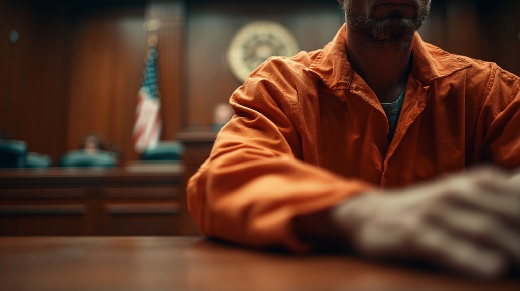 Defendant in an orange prison jumpsuit sitting in a courtroom with the U.S. flag in the background