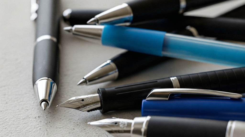 A close-up shot of assorted custom pens with metallic tips and colorful barrels placed on a desk