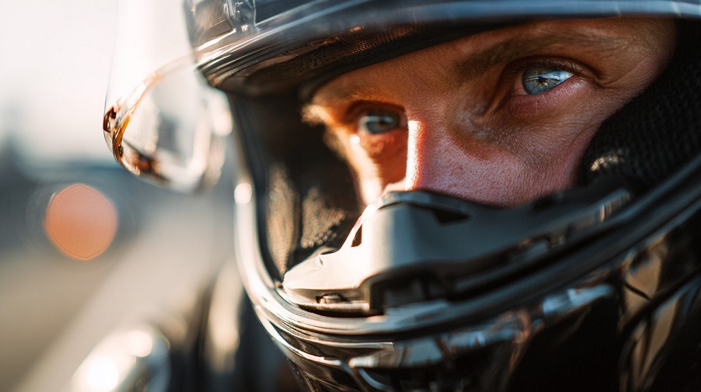 Close-up of a rider’s eyes visible through a clear motorcycle helmet visor, emphasizing focus and protection