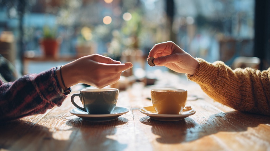 Two people sitting at a café table with cups of coffee, one hand flipping a coin to decide who will pay