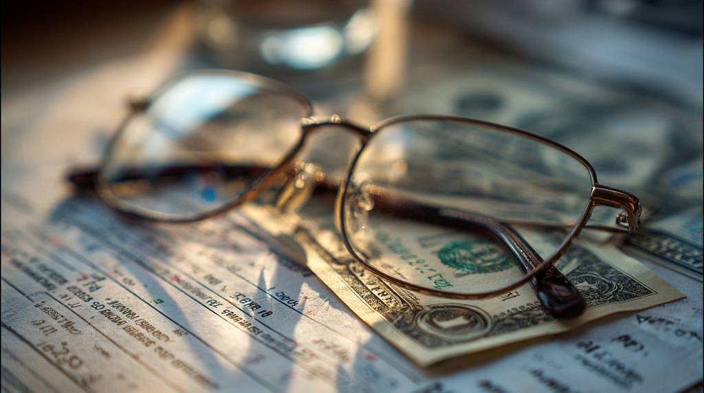 Eyeglasses resting on top of a medical expense bill with US dollars underneath