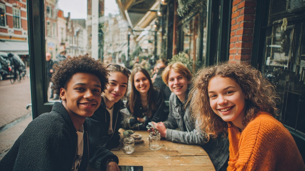 Group of smiling friends sitting at an outdoor café table in a lively city street