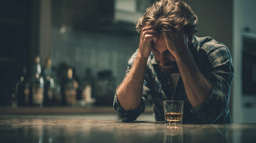 A man sitting at a table with his head in his hands, a glass of whiskey in front of him, symbolizing the mental and physical health risks of heavy alcohol use
