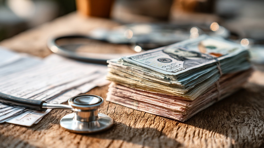 Stack of cash beside a stethoscope and medical papers on a wooden desk