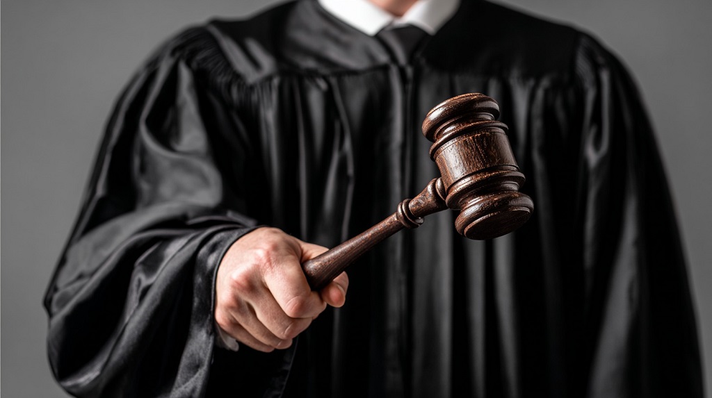 Judge in a black robe holding a wooden gavel forward in a courtroom, symbolizing authority in federal courts vs state courts