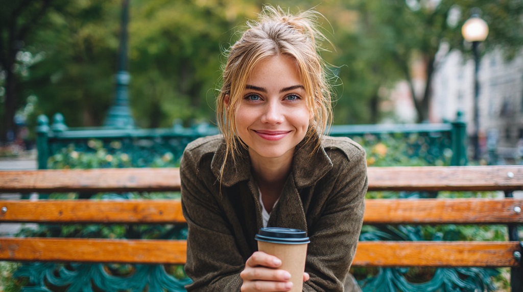 Smiling young woman holding a coffee cup while sitting on a park bench