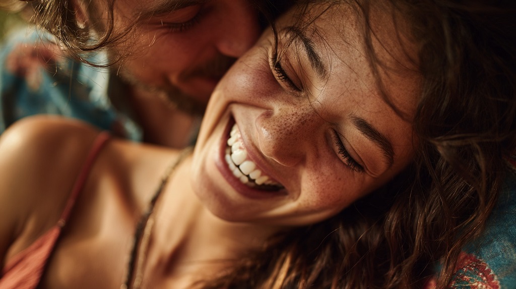 Close-up of a joyful young woman laughing while being playfully embraced by a partner