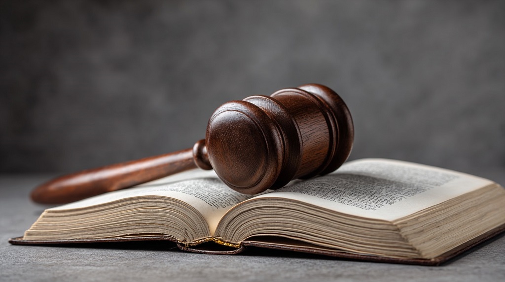 Wooden judge’s gavel resting on an open law book