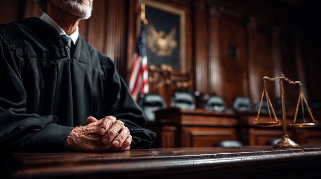 Judge in a black robe seated at a courtroom bench with folded hands, scales of justice visible on the desk