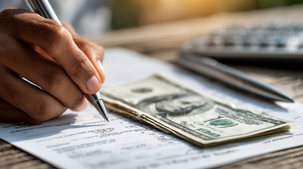 Hand signing a medical bill with US dollars placed on the document