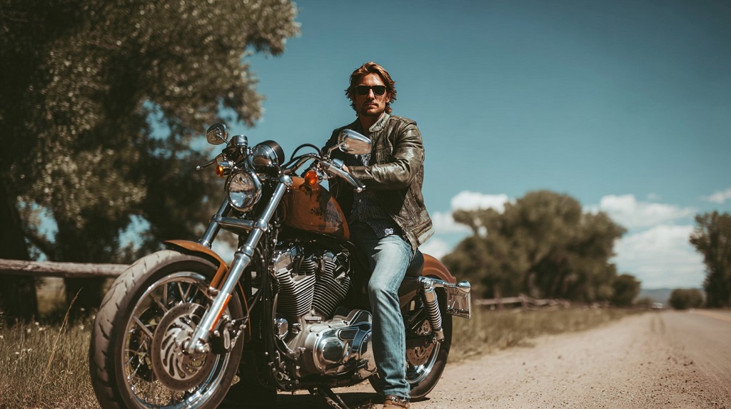 A man in sunglasses and a leather jacket sits on a motorcycle parked on a rural dirt road under a clear sky.